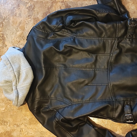 Women's Black Faux Leather Jacket with Gray Hoodie - Picture 2 of 10